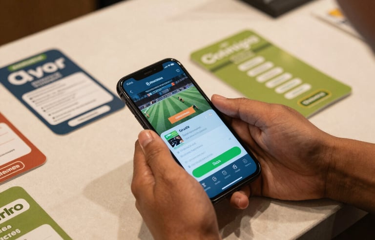 Close-up of a person's hands holding a smartphone displaying a sports betting application next to various mobile recharge vouchers on a clean shop counter in Cali, Colombia. Warm, localized lighting with steel blue and olive green tones.