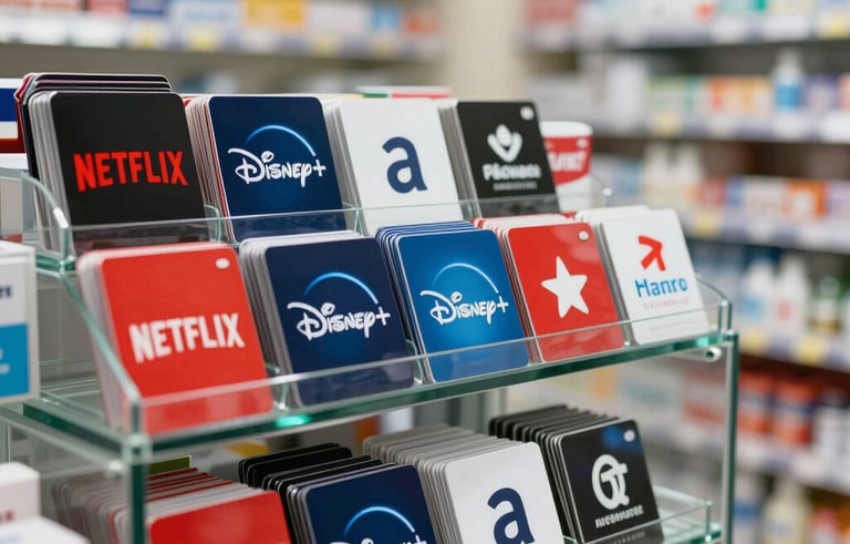 A vibrant display of digital gift cards for streaming services like Netflix and Disney+ in a clean glass showcase of a South American pharmacy. Professional photography style, bright lighting, emphasizing accessibility and modern service.