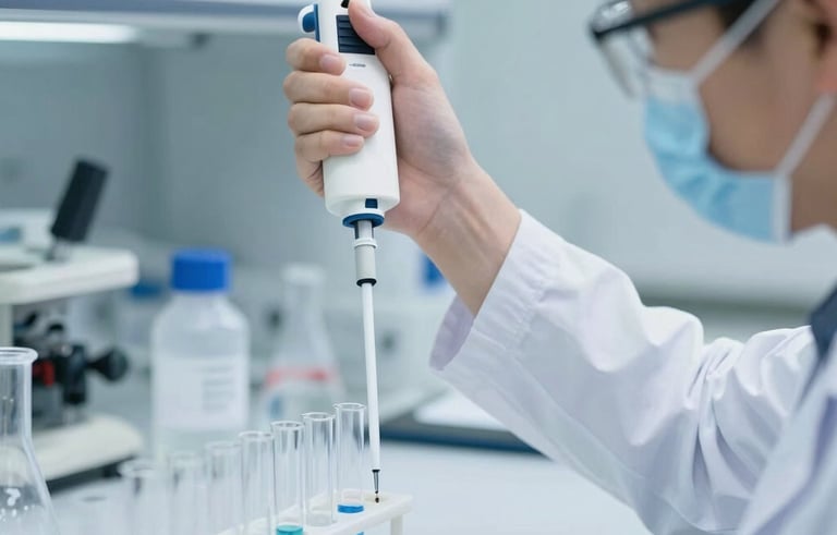 A high-detail photograph of a scientist in a sterile North American laboratory environment, focusing on a multi-channel pipette being used over a tray of test tubes. The lighting is bright and clean with frost white and light blue reflections on glass surfaces, emphasizing scientific precision.