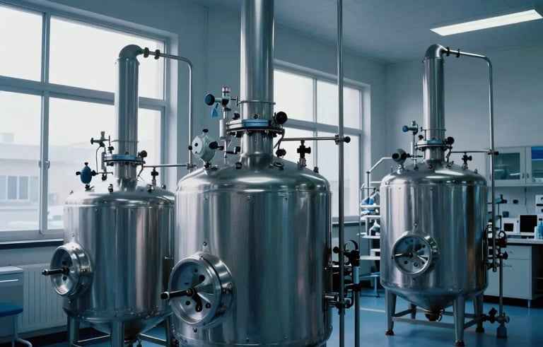 An expansive interior view of a pharmaceutical development center in North America. Modern bioreactors and stainless steel tanks are organized in a clean-room setting. Natural light flows through large windows, creating a professional and forward-thinking atmosphere with deep blue tones.