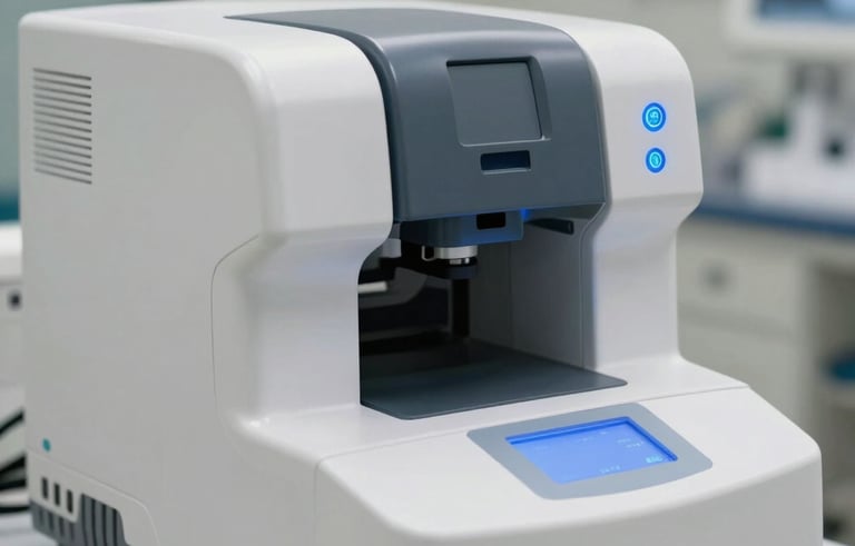 A close-up shot of an automated diagnostic analyzer in a modern US medical facility. The machine's surface is sleek and white with medium blue indicator lights. Professional surroundings, shallow depth of field, sharp focus on the technology.