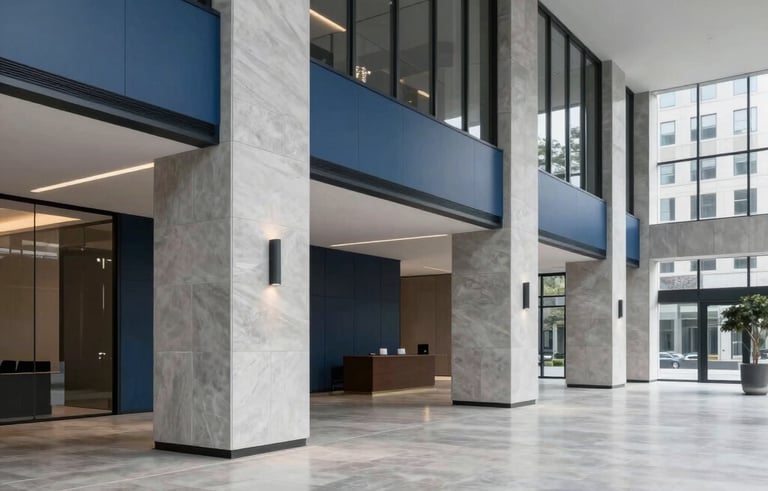 A professional and minimalist architectural shot of a modern office lobby in a North American city, featuring clean lines, light gray stone floors, and sophisticated muted blue accents, bathed in natural light.