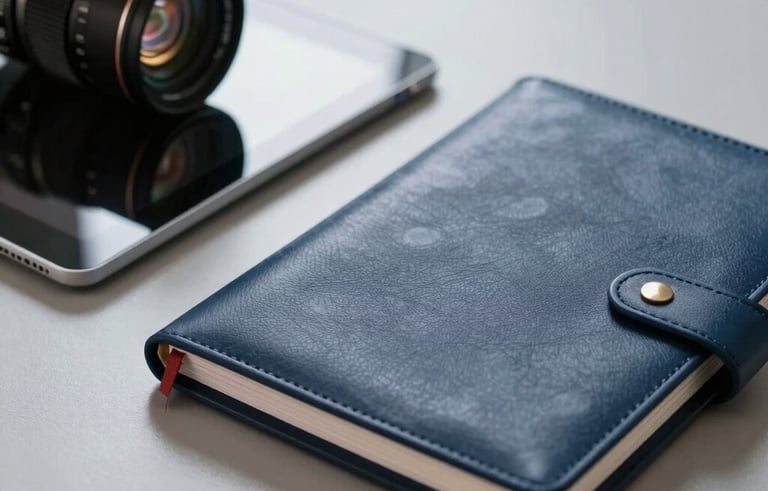 A close-up, high-detail photograph of a professional business setup on a polished light gray desk, including a sleek tablet and a navy blue leather planner, representing modern North American corporate efficiency.
