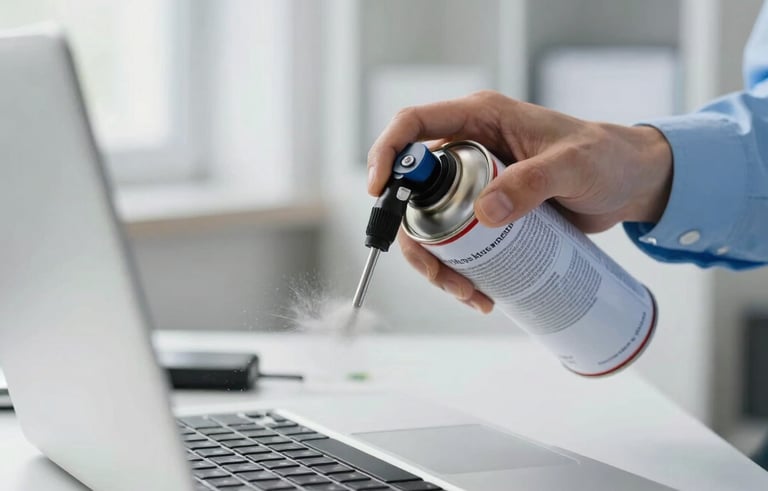 A close-up photograph of a professional technician in a bright, modern European office using a canister of compressed air to clean dust from the internal components of an open laptop. The lighting is clean and natural, highlighting the Cloud White and Light Blue Gray tones of the workspace.