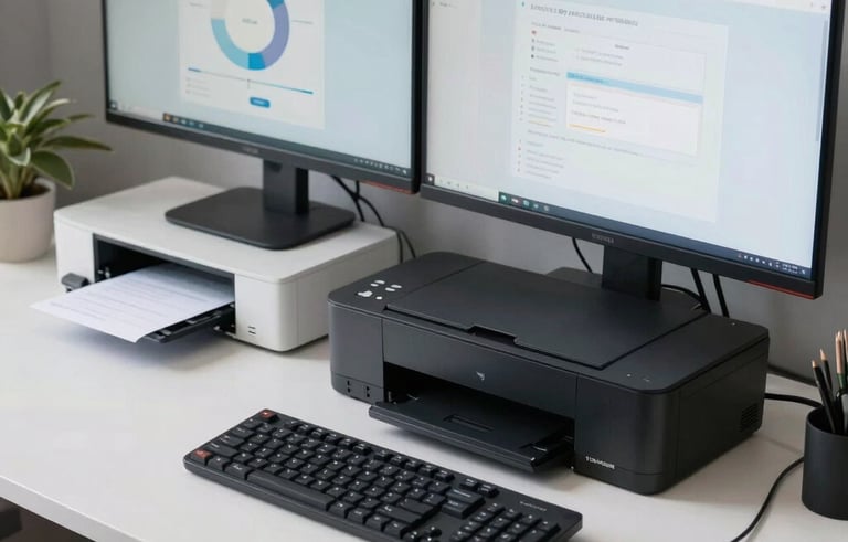 A wide shot of an organized European home office desk with dual monitors, a high-end printer, and a ergonomic keyboard. The scene has clean cable management and a palette of Wet Asphalt and Cloud White, conveying professional efficiency.
