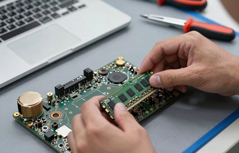 A professional photography shot of a technician's hands carefully installing a new RAM module into a laptop motherboard. A set of precision screwdrivers and a Blue Gray anti-static mat are visible. Authentic European / Portuguese workshop environment.