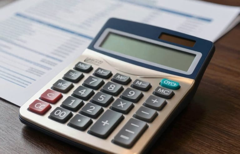 A close-up of a professional desk in a US business environment. A sleek metal calculator and neatly organized financial reports are placed on a dark wood surface. The lighting is focused and professional, highlighting the gold and navy blue tones.