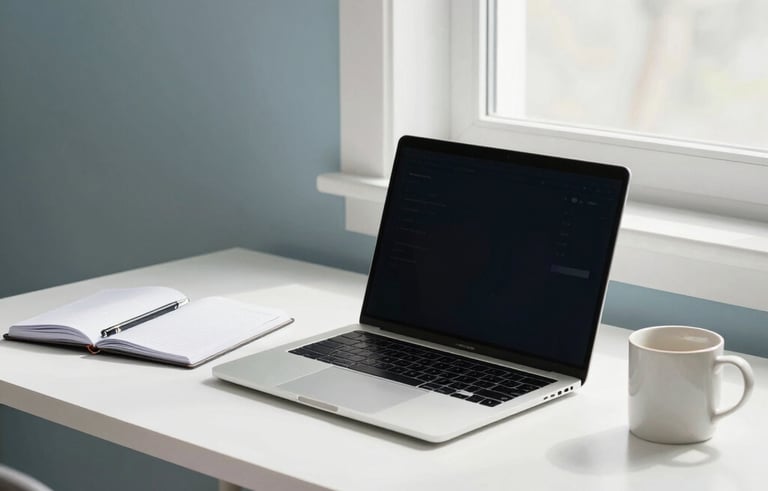 A bright, modern North American home office setup. A clean white desk holds a sleek laptop, a planner, and a ceramic mug. Soft natural light flows from a window, emphasizing a clean and organized atmosphere with light blue and soft gray accents.