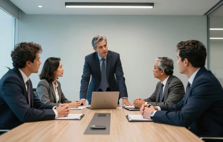 A group of Brazilian business professionals in a sleek corporate meeting room, discussing strategy with light blue and white walls, modern lighting, and a clean professional aesthetic.