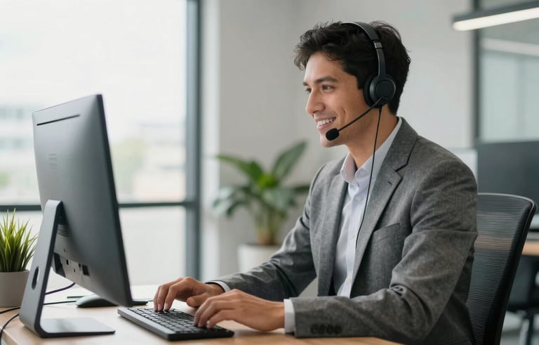 A focused professional in a modern South American office, wearing a high-quality headset and smiling while looking at a computer screen. Bright natural morning light, clean workstation with a small green plant, professional atmosphere.