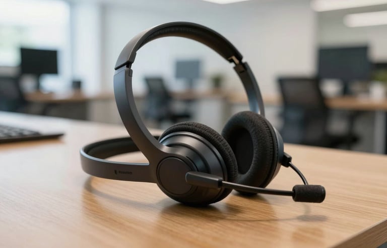 Close-up of a high-tech professional headset resting on a wooden desk in a bright, modern Brazilian call center with a soft blurred background of workstations.