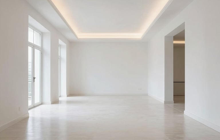 A wide angle shot of a beautifully renovated Southern European living space with high ceilings, crisp white walls, polished floors, and elegant lighting, modern and clean style.