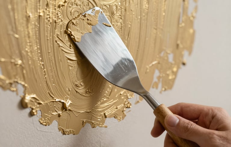 A detailed close-up of a hand using a metal spatula to apply an elegant gold-toned textured plaster to a wall in an Italian villa, artistic craftsmanship, professional tools.
