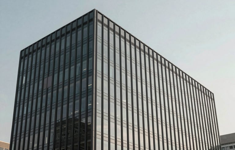 A professional and modern office building exterior in North American / US, featuring a sleek glass facade and clean lines. The shot is wide-angle with a soft light gray and slate gray color palette, under a clear sky, exuding a minimalist and approachable corporate vibe.