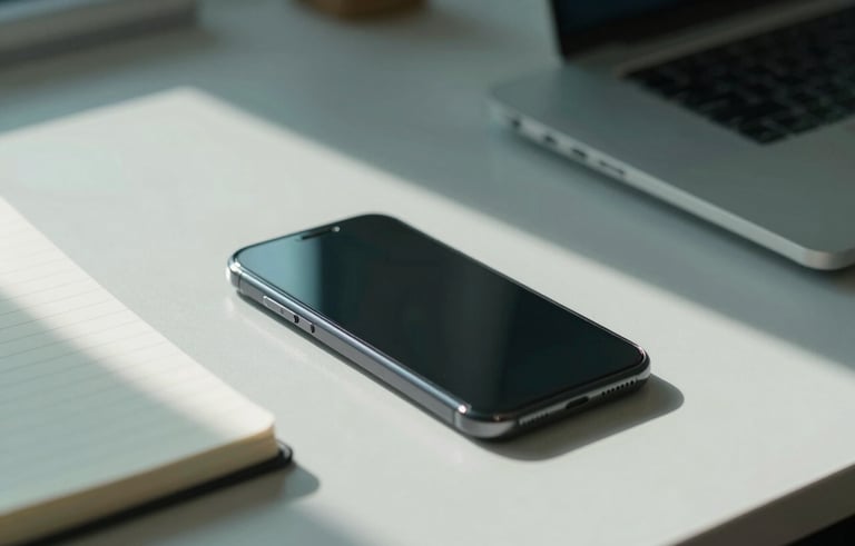 A close-up of a professional desk in a North American / US office setting. A modern smartphone and a clean notepad sit on a light gray surface, lit by soft, natural teal-toned morning light, highlighting simple efficiency.