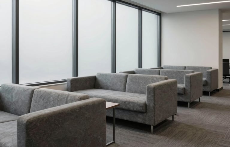 A minimalist North American / US corporate lounge area with modern slate gray furniture and large windows. The atmosphere is clean and approachable, emphasizing professional simplicity and a contemporary aesthetic.