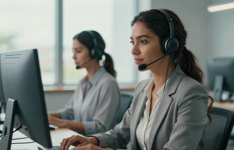 A professional South American / Brazilian woman wearing a headset in a modern, clean call center environment, soft sunlight coming through a large window in the background, professional and efficient atmosphere, muted blue and soft gray tones.