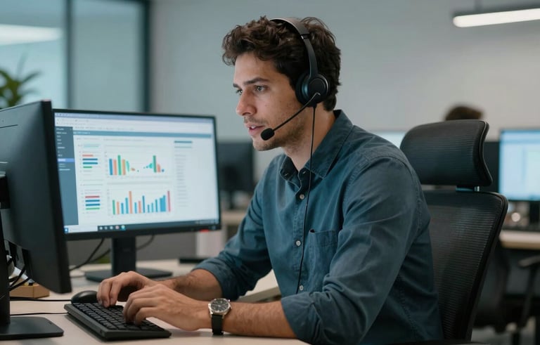 A professional Brazilian man in a modern office setup with two monitors showing data charts, focused expression while speaking on a high-quality headset, dark teal and light blue office accents.