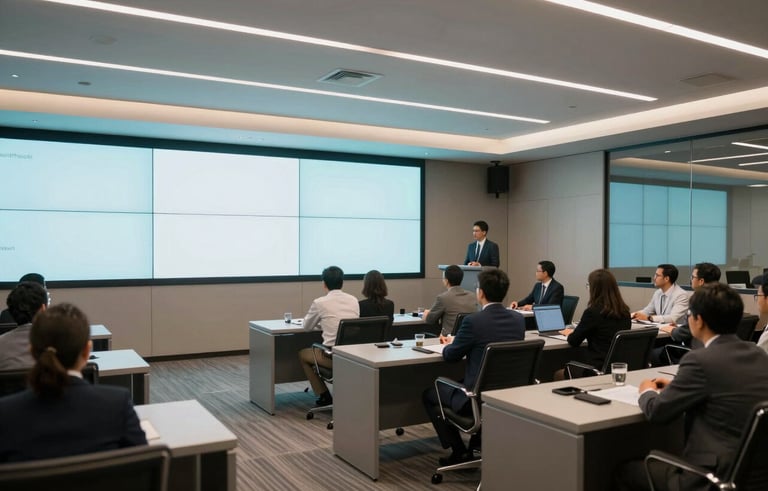 A wide shot of a sophisticated South American / Brazilian corporate operations room with large screens and professional staff collaborating calmly, high-end furniture, soft teal and white lighting.