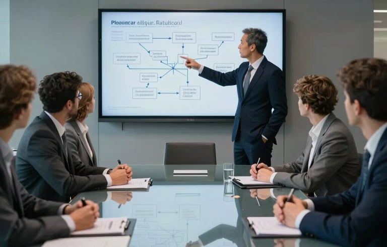 A sleek Western European conference room with a glass table, where professionals are strategizing. One person is pointing to a flow chart on a screen. Modern, professional lighting, using blue and gray color schemes.