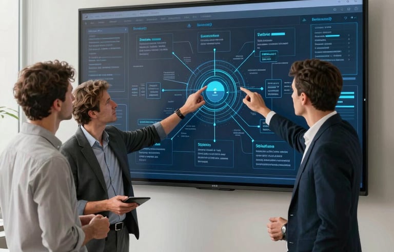A professional Western European corporate environment where consultants are analyzing a complex digital systems map on a large screen. The atmosphere is focused and innovative, featuring a color palette of off white and dark blue. High-end photography style with soft, natural office lighting.