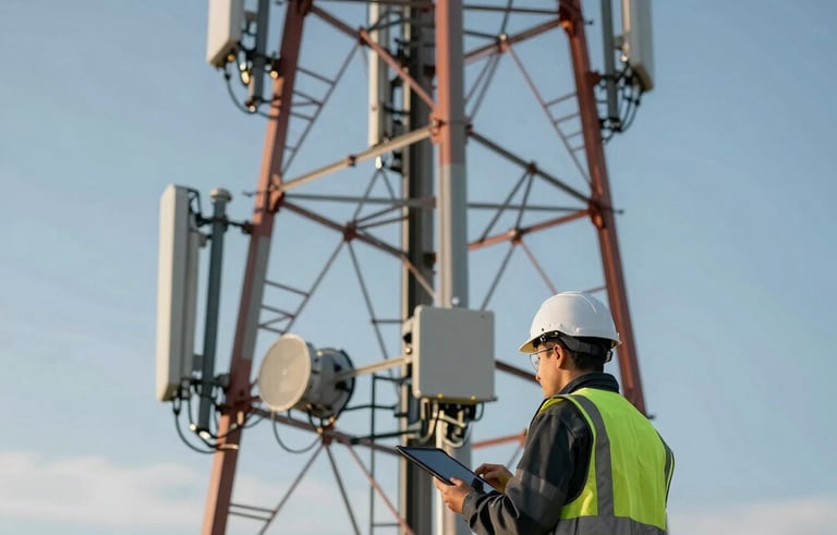 A photography of a telecommunications tower site in Western Europe under a clear sky. A professional engineer in high-visibility gear is inspecting equipment with a tablet. Industrial and reliable atmosphere with medium blue and light blue tones.