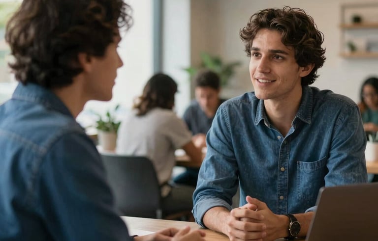A mentoring session in a modern Brazilian coworking space, two professionals engaged in an encouraging conversation, warm natural lighting, professional and hopeful mood, medium blue tones.