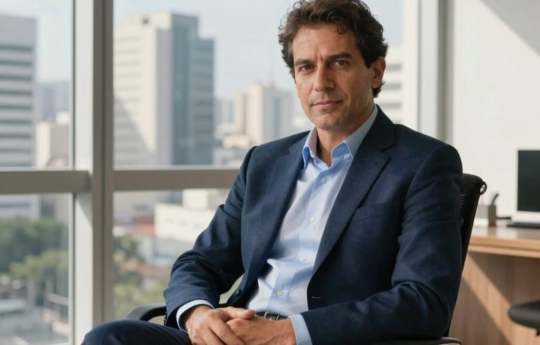 A confident professional sitting in a bright, modern office in São Paulo, South American urban view through the window, soft morning sunlight, wearing professional smart-casual attire, palette of dark blue and light blue accents in the room.
