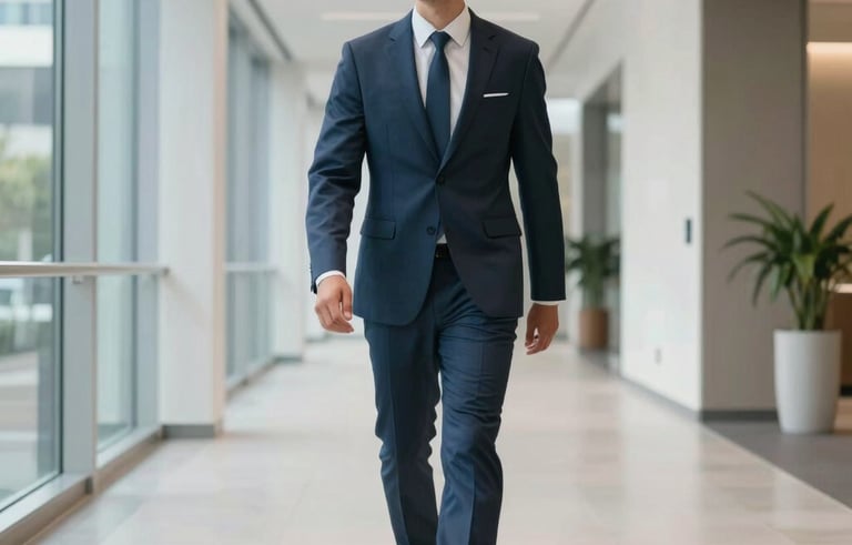 A sophisticated executive professional walking through a bright, modern corporate hallway in a South American business district, clean architecture, encouraging atmosphere, light blue and off-white color palette.