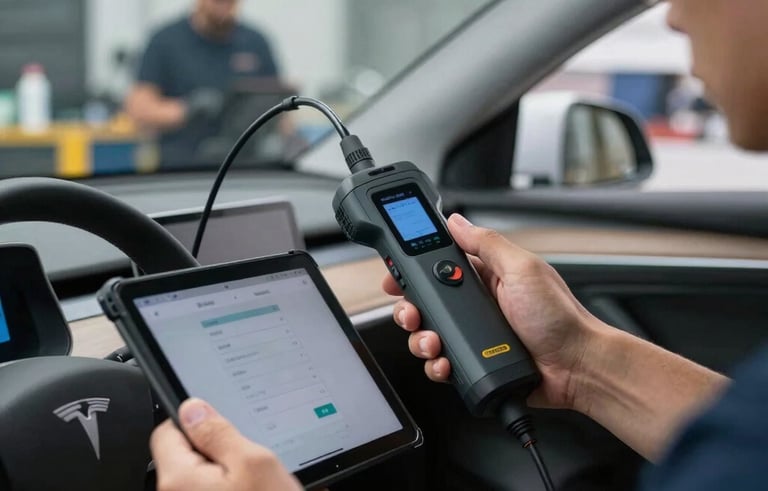 High-quality photography of a technician holding a professional tablet-based automotive scanner, connected to the dashboard of a modern vehicle. The interior of the car is visible. Professional South American workshop background.