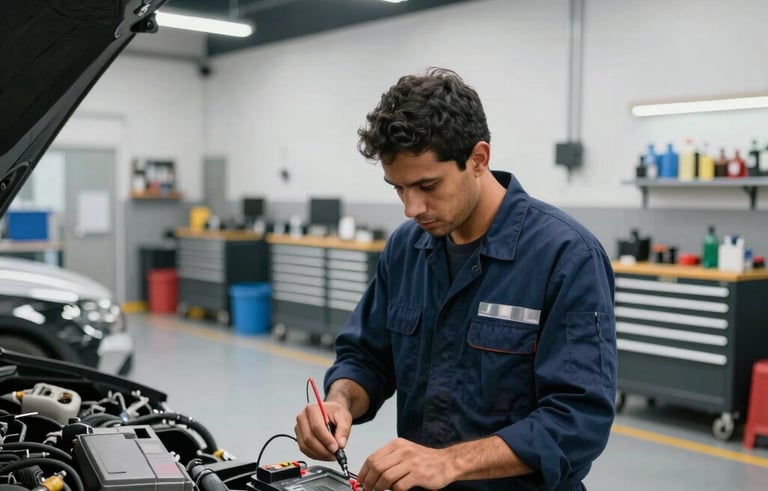 A wide-angle professional photography of a clean, modern automotive repair shop in South America. A technician wearing a navy blue uniform is using a digital multimeter to test a car battery. The workshop is well-lit with high ceilings and organized steel tool cabinets in the background.