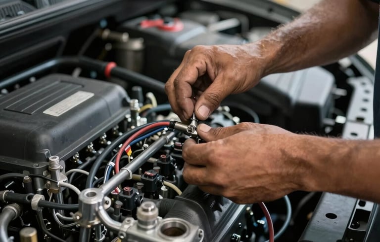 Close-up photography of a professional mechanic's hands carefully repairing a car's complex wiring harness. The engine bay is clean and the lighting highlights the metallic textures of the car parts. South American automotive service setting.