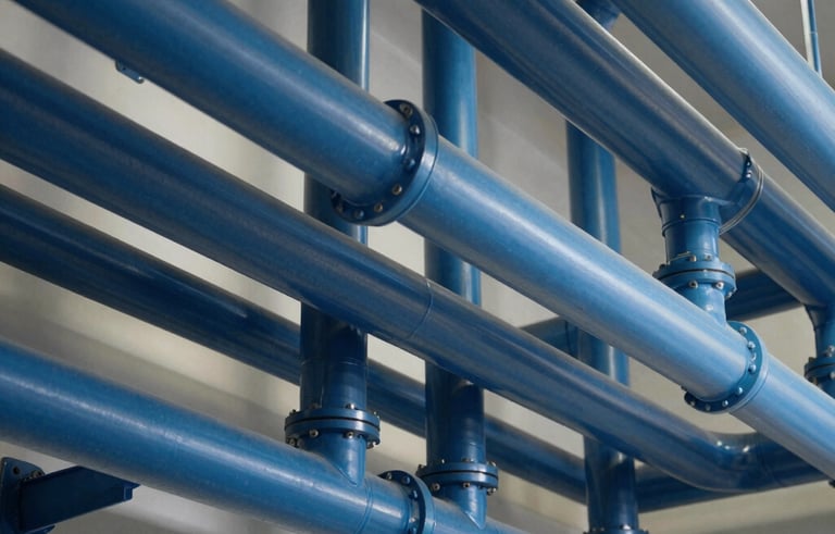 Professional architectural photography of commercial plumbing infrastructure in a North American / US office building. The pipes are neatly color-coded in shades of dark and light blue, showcasing organized industrial reliability and modern expertise.