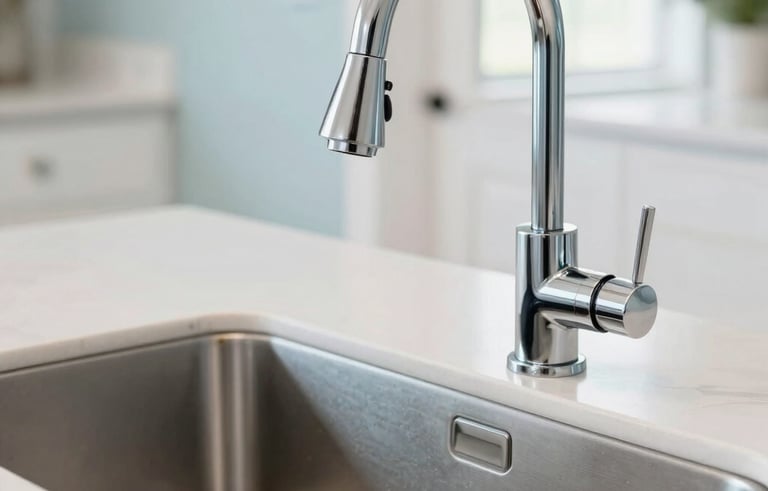 A close-up, high-resolution photograph of a modern and clean residential kitchen sink with a chrome faucet being expertly installed in a North American / US home. The background is bright and crisp with light blue and white tones reflecting a professional atmosphere.