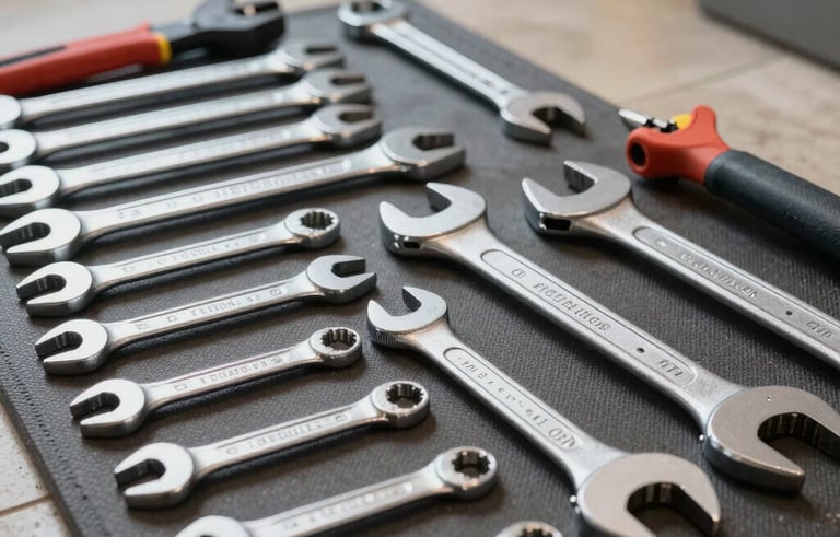 A professional photograph of high-quality plumbing tools and heavy-duty wrenches neatly arranged on a work mat in a North American / US residential basement. The lighting is clean and bright, conveying a sense of readiness and long-standing expertise.