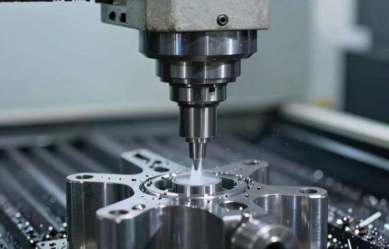 A close-up photograph of a professional CNC machining center in a clean South American Brazilian industrial plant. A precise cutting tool is carving a metal part, with cooling fluid and fine metal shavings visible. The scene is lit with professional cool blue and off white lighting, reflecting a mood of precision and high quality.
