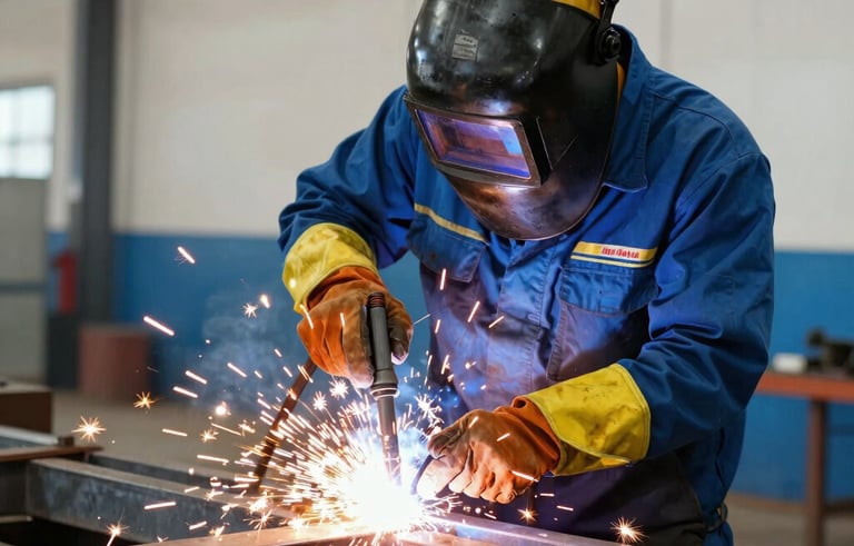 A professional welder in full protective gear performing industrial welding on a large metal structure in a Brazilian factory. Bright golden sparks contrast with a medium blue and off white workshop background. Professional photography showing expertise and safety.