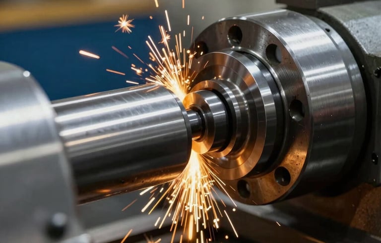 Macro photography of a metal lathe in operation within a South American Brazilian machining shop. Sharp steel tools cutting through a rotating metallic cylinder. Dark navy and golden yellow sparks highlight the action. Clean, industrial, and high-quality aesthetic.