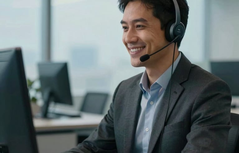 Professional South American Brazilian telecommunications agent in a modern office environment, wearing a sleek headset and smiling confidently, soft morning light, muted blue and steel blue tones in the background, sharp focus on subject.