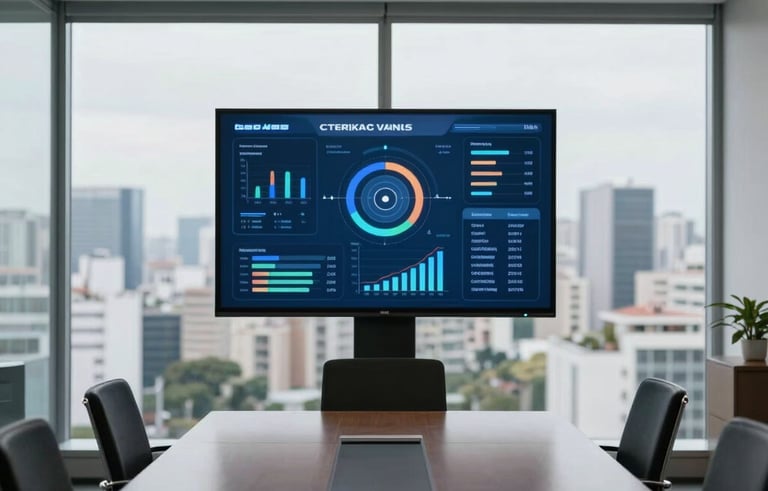 A minimalist corporate meeting room in a Brazilian skyscraper, overlooking a blurred cityscape, with a focus on a large screen displaying business intelligence data and charts, professional and sophisticated mood.