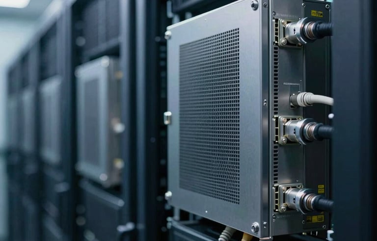 A close-up of high-end telecommunications hardware in a modern Brazilian data center, soft ambient lighting reflecting off metal surfaces in navy and steel blue, professional corporate atmosphere, shallow depth of field.