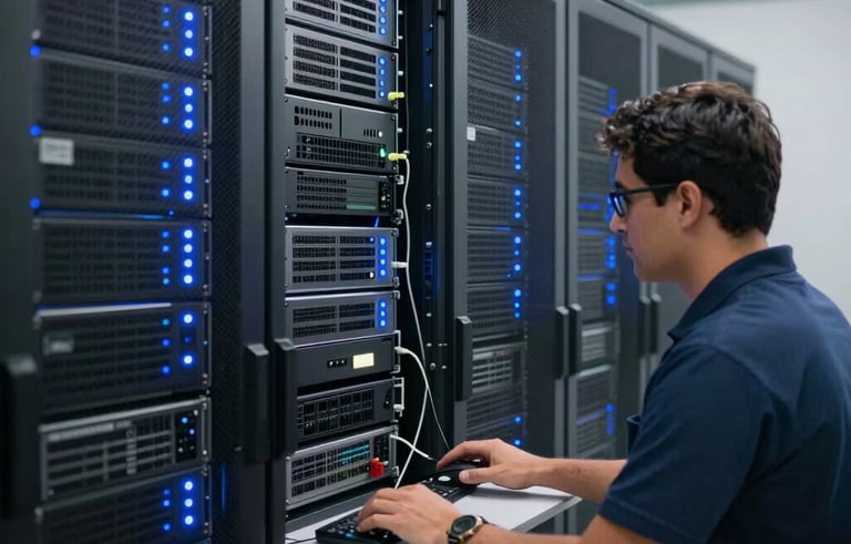 Photography of a clean, state-of-the-art data center in South America / Brazilian region, featuring racks of servers with glowing steel blue indicator lights and a professional technician monitoring the systems from a workstation.