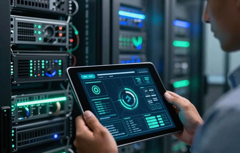 Detailed shot of a high-tech cybersecurity interface on a tablet held by a South American / Brazilian professional in a dimly lit, modern server room. Reflections of mint green and steel blue light bounce off the glass surfaces.