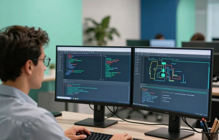 A professional South American / Brazilian IT consultant in a modern office in São Paulo, working with dual monitors displaying system code and network diagrams. The lighting is bright and professional with accents of deep blue and mint green throughout the office decor.