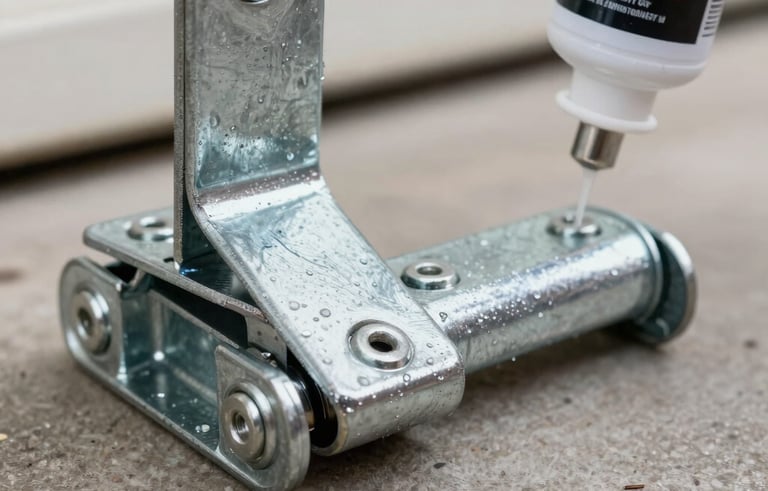 A macro shot of heavy-duty galvanized garage door rollers and hinges being lubricated with professional grade spray. Professional, detailed hardware maintenance in a US residence.