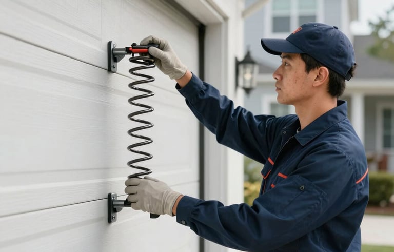A professional technician in a clean navy uniform using professional tools to adjust a garage door spring in a modern North American suburban garage. Bright, efficient workspace, clean and reliable atmosphere.