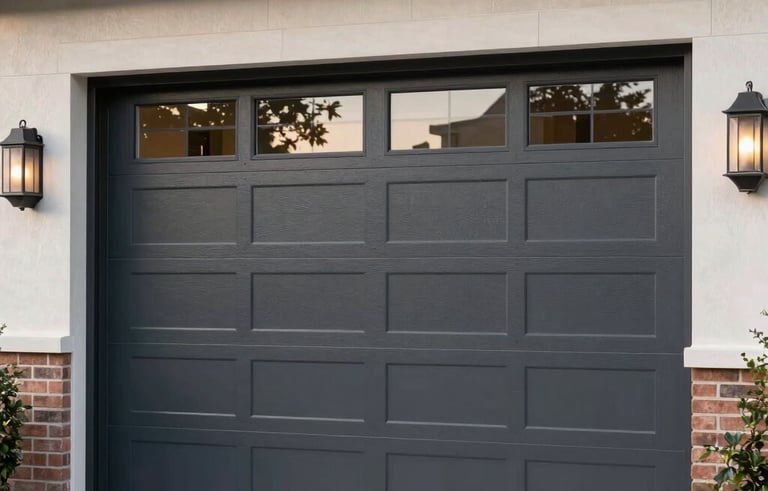 A beautiful modern dark gray steel garage door with horizontal glass windows, installed on a contemporary US-style luxury home with brick accents and clean landscaping.