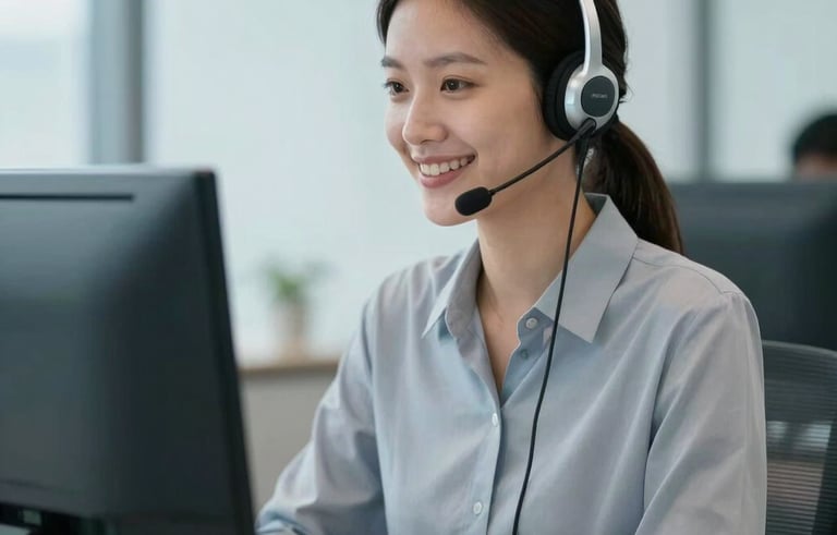 A professional South American call center agent wearing a modern headset, smiling while interacting with a computer in a clean, brightly lit office environment. Soft blue and light gray tones dominate the scene.