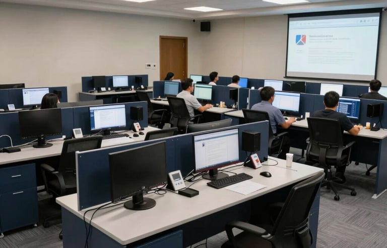 A wide shot of a high-tech South American tele-services operations room, showing organized rows of workstations with deep navy furniture and professional lighting.