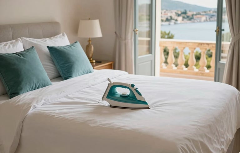 A bright bedroom in a Mediterranean villa with a view toward Porto-Vecchio. The focus is on the bed, dressed in crisp, professionally ironed white linens and teal cushions. The lighting is warm and inviting, capturing a mood of absolute cleanliness and relaxation.